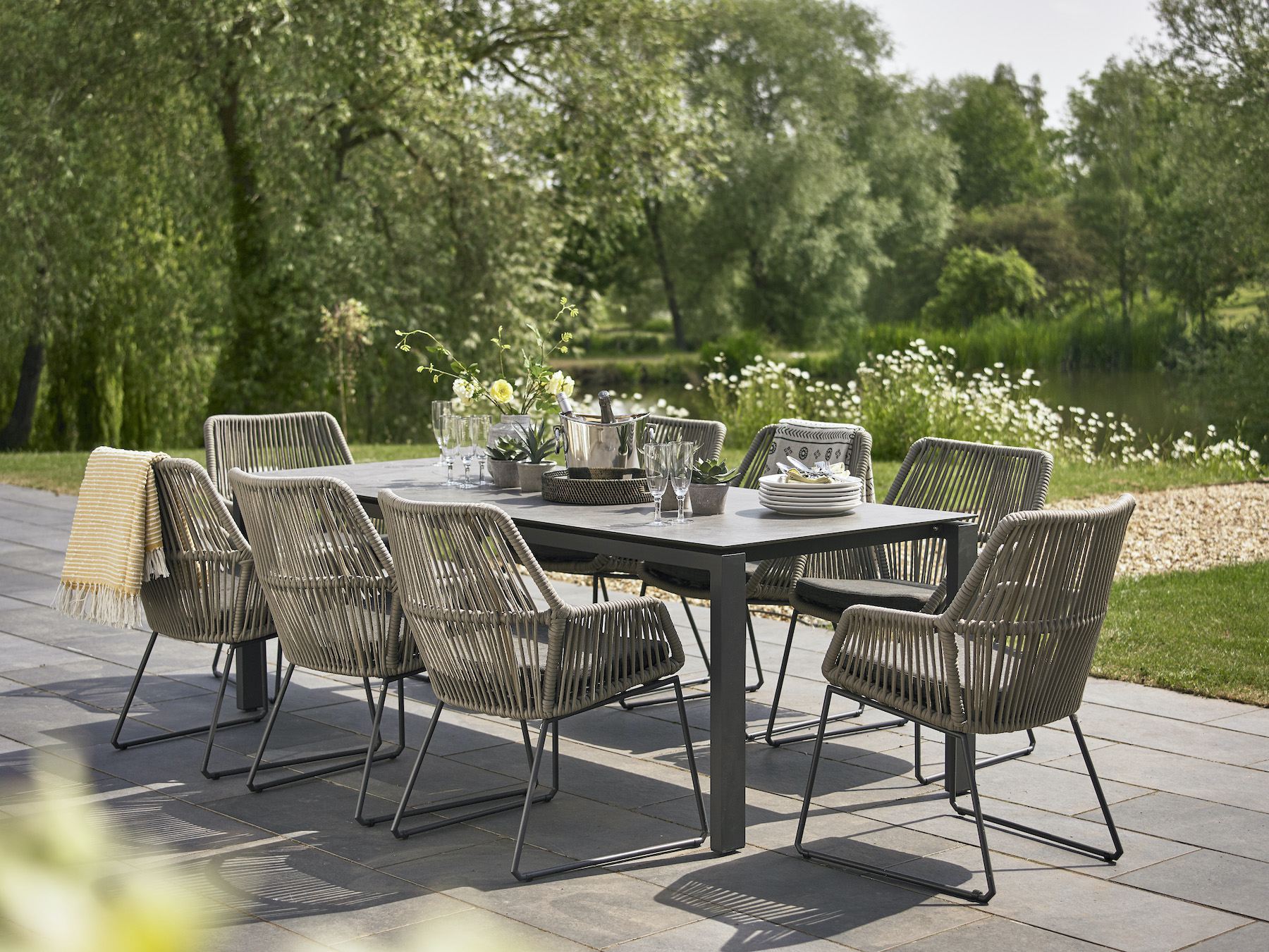 Goa HPL table with 8 Ramblas dining chairs